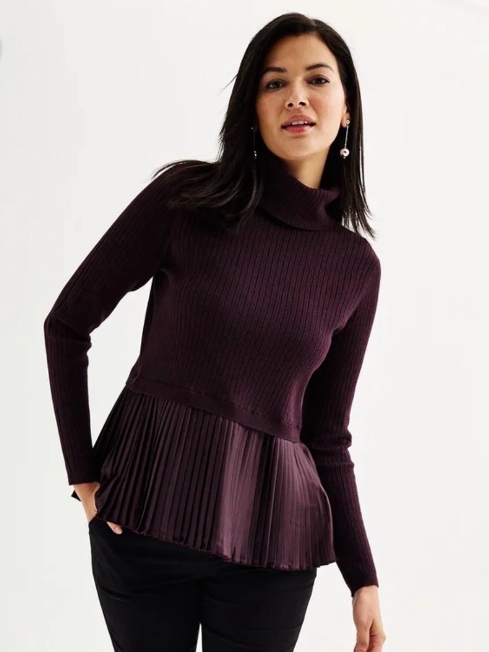 Nine West Ribbed Turtleneck Sweater with Pleated Hem in Midnight Wine size L